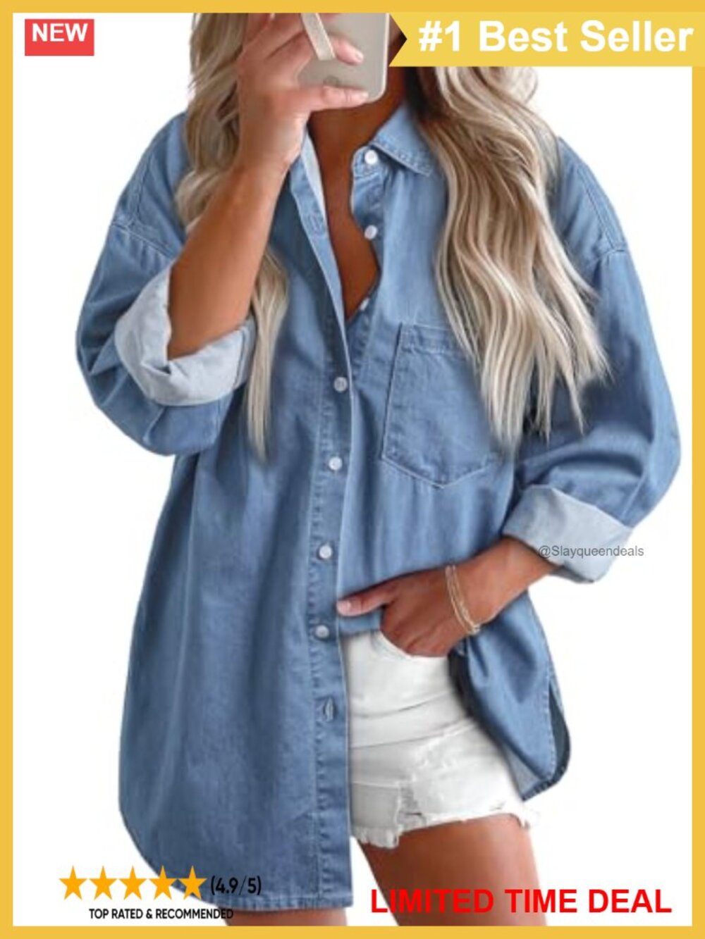 Astylish Women's Button Down Denim Shirt Long Sleeve Blouse